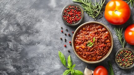 Wall Mural - Bolognese ingredients on stone: mince, tomatoes, herbs