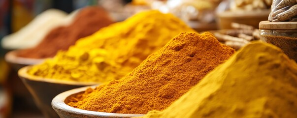 Close-up of vibrant, multi-colored spice powders in bowls at a market, showcasing a variety of aromatic and flavorful cooking ingredients.