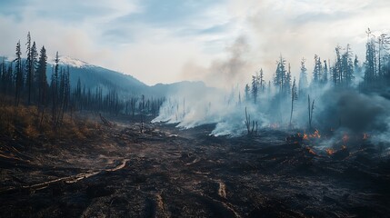 A forest reduced to charred remains after a wildfire, with smoke still lingering in the air, showing how global warming is fueling increasingly destructive blazes.