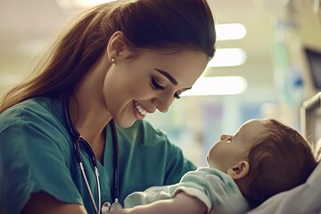 Young smiling doctor in green scrubs holding newborn baby