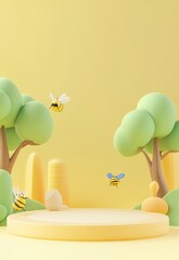 D Cartoon Bees Flying Around Podium in Nature Scene