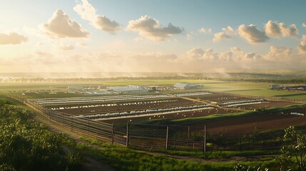 Expansive view of large-scale animal farming contributing to methane emissions, reflecting the role of agriculture in global warming.