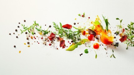 Wall Mural - Scattered Spices, Herbs, and Fruit on a White Background