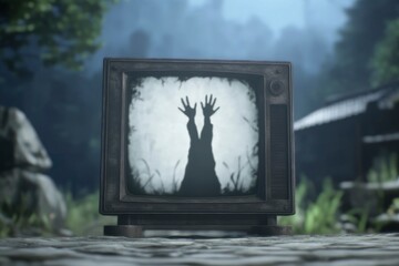 A television screen shows a ghostly figure with two hands reaching out. Scene is eerie and unsettling