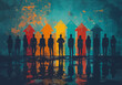 © Perfect Vector - Business Team Standing in Front of Colorful Arrows Representing Multiple Options and Directions, Concept of Decision Making and Strategy, Silhouettes on Artistic Background
