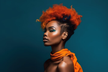 Young beauty stylish African American woman on blue background, portrait of black fashion girl with beautiful makeup and hairstyle