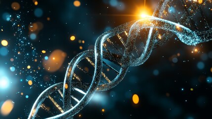 Wall Mural - A stunning close-up of a DNA molecule, its double helix structure illuminated by a warm glow. This image symbolizes the complexity of life, the power of genetics, and the potential of scientific disco