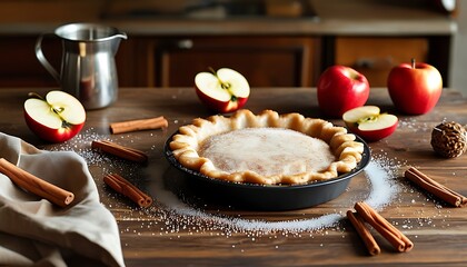 Sticker - The simple kitchen table with empty pie plates and chopped apples, surrounded by cinnamon sticks and sugar creates a warm baking atmosphere.