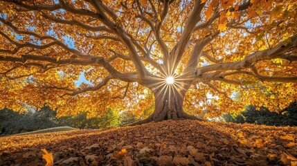 Wall Mural - A majestic tree with sprawling branches showcases brilliant orange foliage as sunlight streams through its leaves, illuminating the ground covered in fallen leaves