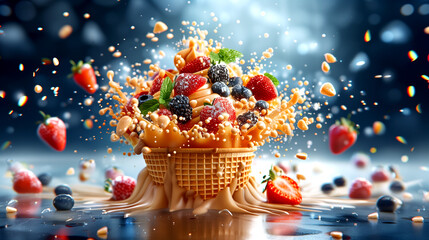 Wall Mural - A dessert with strawberries, blueberries, and raspberries in a waffle cone. The dessert is covered in whipped cream and has a splash of blueberry sauce