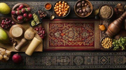 A beautifully arranged selection of fresh fruits, spices, and herbs sits on an ornate tablecloth, reflecting a rich cultural heritage and culinary tradition