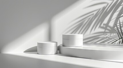 Simplistic mockup of two white pedestals for cosmetic products on a white background