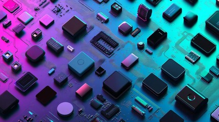 Wall Mural - Intricate electronic components such as microchips and capacitors are arranged on a circuit board, illuminated by striking blue and pink lighting that enhances the technological vibe