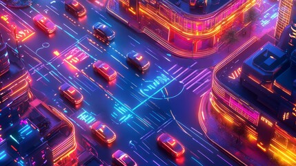 Colorful neon lights illuminate city streets at night as cars navigate busy intersections, creating a lively and futuristic atmosphere