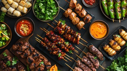 Assorted Grilled Skewers with Sauces and Garnish