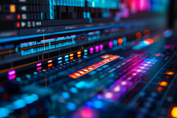 Audio mixing console in a recording studio with colorful lights reflecting on the buttons and faders