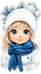 Canvas Print - A young girl wearing a white hat and blue scarf is smiling. The image has a cheerful and playful mood