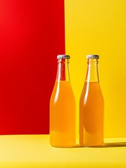 two glass bottles of juice stand side by side on a yellow surface, with a red background behind them