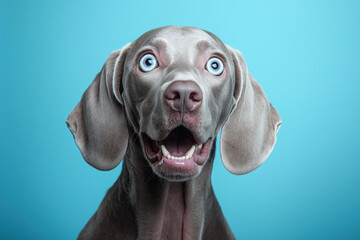 A portrait of a Weimaraner dog with a surprised and happy expression on face looking at camera over light blue background.