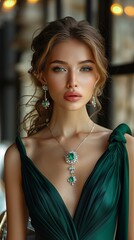 Wall Mural - Stylish lady with elegant jewelry Beautiful woman wearing an emerald necklace