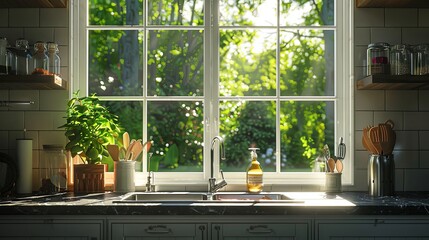 View of the kitchen sink from inside next to the window