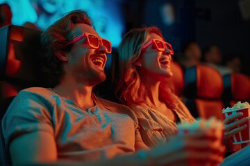 Couple enjoying a movie night with popcorn while wearing 3D glasses at a cinema in the evening