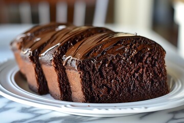 Close-up of a freshly baked chocolate cake loaf drizzled with a chocolate glaze.