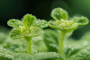 A close-up view of two young plants with dew drops on their leaves.