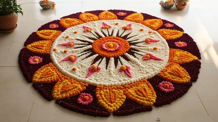 Wall Mural - Traditional rangoli with concentric layers of floral and geometric patterns, designed to invite prosperity during Diwali