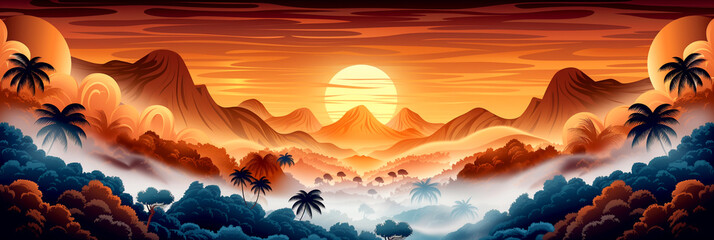 A beautiful landscape with mountains and palm trees. The sky is orange and the sun is setting