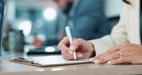 Canvas Print - Hands, writing and clipboard at meeting with paperwork for business people, deal and b2b collaboration. Person, checklist and documentation with review, agreement and signature at creative agency