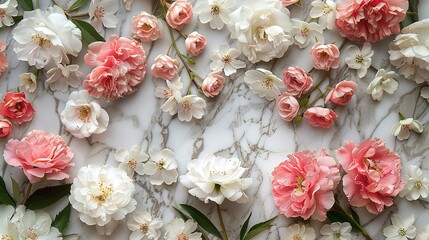 White and pink flowers arranged on a marble surface from a top down perspective