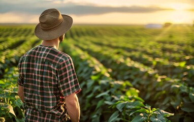 A man in a straw hat stands in a field of soybeans