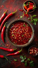 Wall Mural - Spicy chili sauce and peppers on a plate over a red background