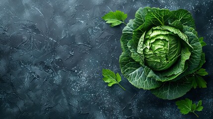 Top view of fresh green cabbage on dark background selective focus