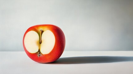 Sticker - A Single Red Apple Cut in Half with a White Interior on a White Surface