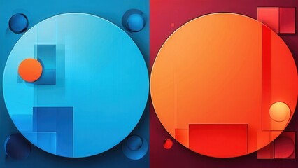 A split image featuring contrasting blue and red circular shapes with geometric forms.