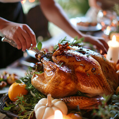 Wall Mural - Close up hands putting turkey on table