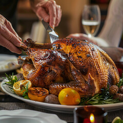 Wall Mural - Close up hands putting turkey on table