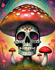 Wall Mural - Magic mushrooms and skull
