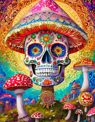 Wall Mural - Magic mushrooms and skull