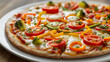 © Volha - A vegan pizza with mushrooms and fresh herbs, concept vegan recipes, plant-based cooking, healthy eating, meatless options. World vegetarian day
