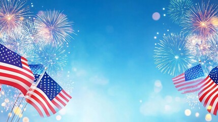 Labor Day celebration background with American flags waving in the wind, set against a clear blue sky and fireworks bursting overhead