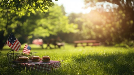 Soft-focus Labor Day picnic background with grills, burgers, and American flags, set on a sunlit park with lush green grass