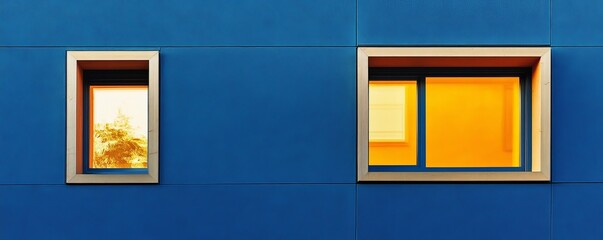 Wall Mural - Blue wall with two orange-lit windows