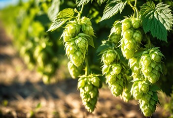 vibrant beer hops flourishing lush green fields under bright blue sky, agriculture, plants, growth, nature, landscape, farm, crop, harvest, outdoor, sunny