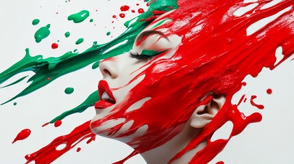 Wall Mural - A digital painting of a woman's face covered in red and green paint, symbolizing creativity, passion, transformation, artistry, and expression.