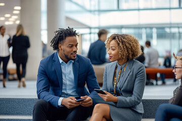 Two business colleagues having a conversation in a modern office building.