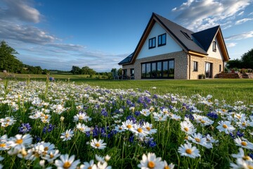 Country house surrounded by wildflowers, buzzing with bees as the golden summer sun casts long shadows across the fields