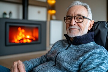 Elderly man sitting by the fireplace, feeling secure as his home care provider ensures the fire is safely tended